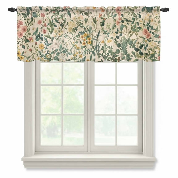 Green Botanical Valance Curtains for Kitchen/Living Room/Bathroom/Bedroom Window, Rod Pocket Small Topper Half Short Window Curtains Sheer Scarf, Vintage Plant Flowers Garden Leaf Motifs 42"x12"