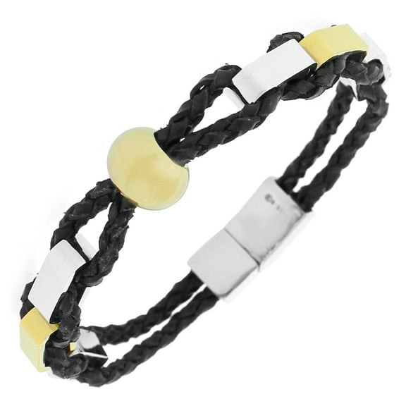 Stainless Steel Black Leather Two-Tone Men's Wristband Bracelet