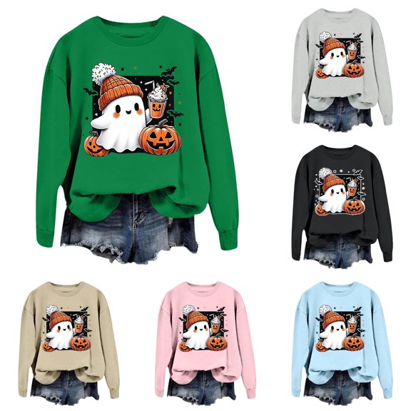 Halloween Sweatshirt for Women Hoodless Sweatshirt Oversized Crewneck Long Sleeve Pullover for Women Cozy Sweatshirt Green L