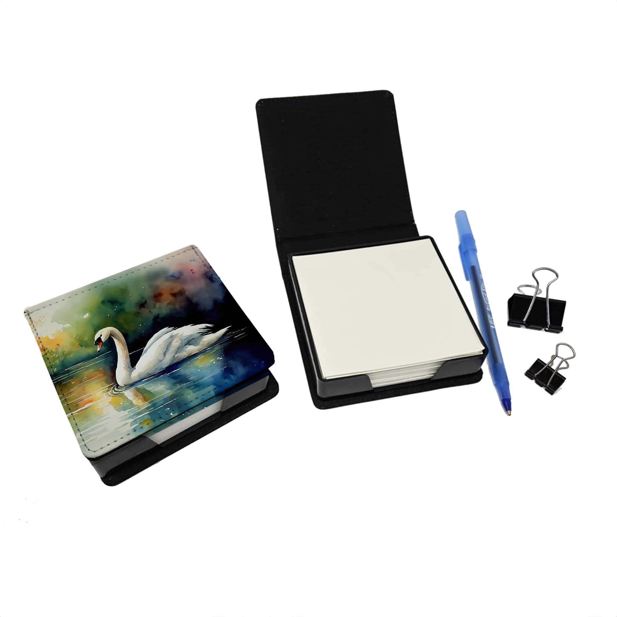 Caroline's Treasures Swan PU Leather Note Paper Holder with Artist-Designed Cover, Desk Accessory, Office Gift