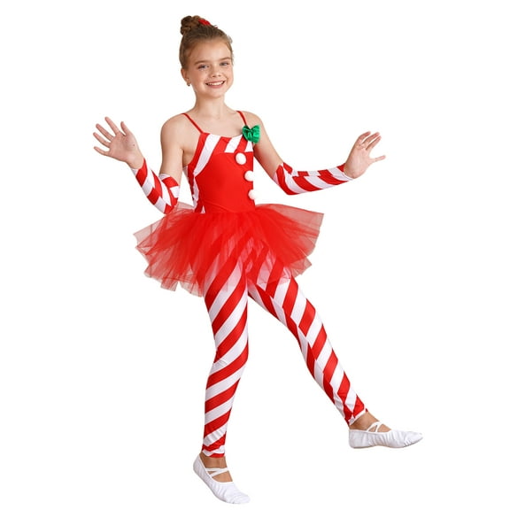 Aislor Girls Candy Cane Costume Kids Cami Christmas Leggings Jumpsuit with Arm Sleeves Performance Dancewear Size 6-16 Red 6