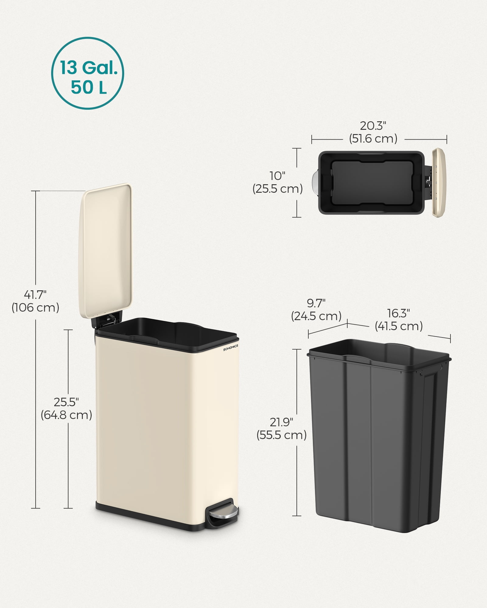 Slim 13-Gallon Trash Can - Stainless Steel Kitchen Garbage Bin with Soft-Close Lid, Pedal & Inner Bucket, 15 Bags Included, Sand Beige