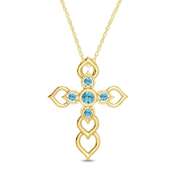 Round Cut Simulated Aquamarine Heart Cross Religious Pendant Necklace In 14k Yellow Gold Plated 925 Sterling Silver Along With 18" Chain