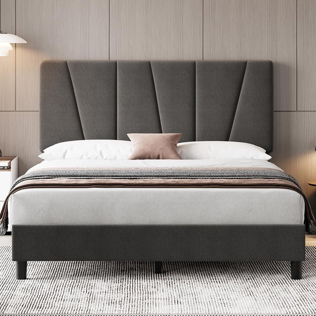Queen Size Bed Frame with Adjustable Headboard, Linen Upholstered Platform Bed Frame with Strong Wooden Slats, Mattress Foundation, No Box Spring Needed, Easy Assembly, Gray