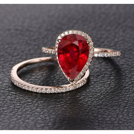 Perfect Bridal Set 1.50 carat Pear Cut Ruby and Diamond Bridal Set in Rose Gold: Bestselling Design Under Dollar
