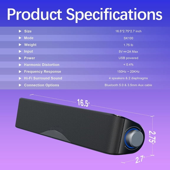 HiFi Computer Sound Bar, USB Powered Speakers with Bluetooth 5.0 & Aux-in, for Desktop PC, Laptop, Xbox, Phones, Tablets, Gaming