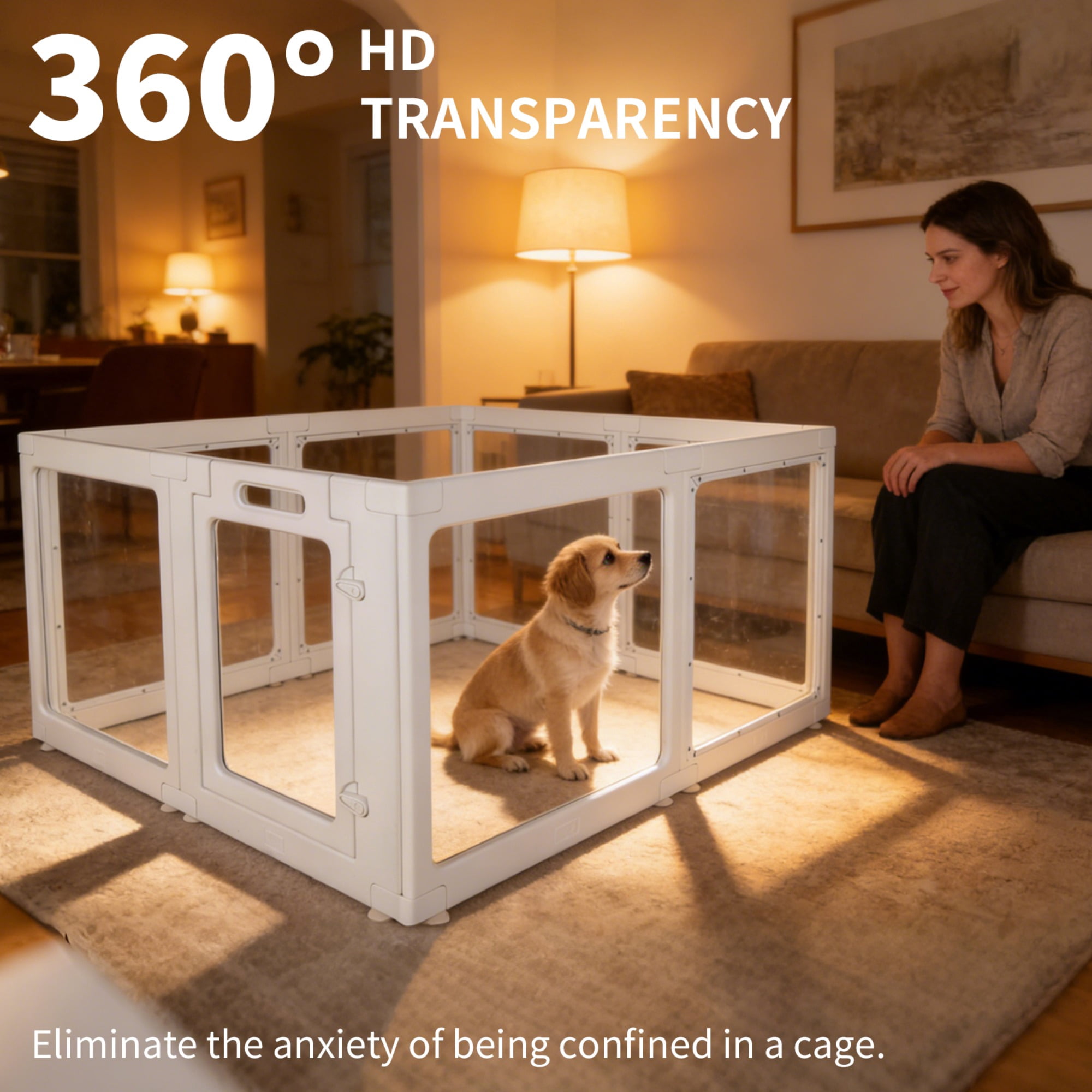 JXXRZ Clear Acrylic Dog Playpen Indoor, 8 Panel Transparent Puppy Pen, No Metal Bars, Easy Setup Pet Fence
