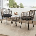 thumbnail image 3 of LOGYAT Boho 3 Piece Bistro Set, Modern Outdoor Wicker Patio Furniture, Two Chairs and a Tempered Glass Top Table, Natural Rattan， Black Cushion, 3 of 6
