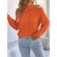 thumbnail image 6 of Women Cable Openwork Hollow Cut Out Cold Shoulder Crew Neck Long Sleeve Loose Pullover Sweater Orange XL, 6 of 9