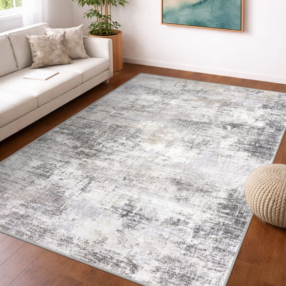 iOhouze Washable Area Rug 5x7 Ft Abstract Rugs for Entryway Non Slip Small Living Room Rugs Printed Faux Wool Throw Rug, Floor Carpet for Kitchen Playroom, Ash Grey/Beige