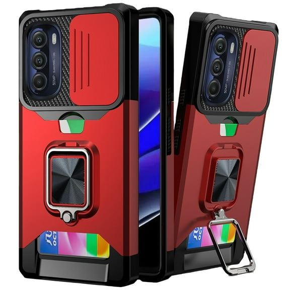For Motorola Moto G Stylus 5G 2022 Wallet Case with Ring Stand & Slide Camera Cover Credit Card Holder Hard Shockproof Cover ,Xpm Phone Case [Red]