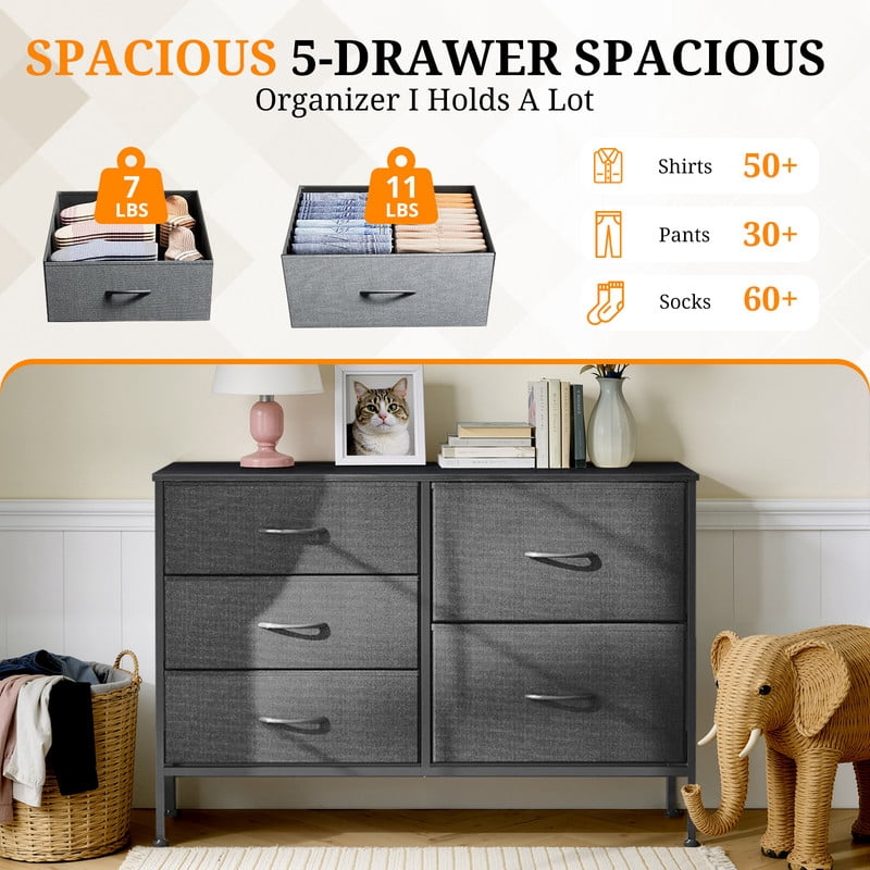 Simenmax 5-Drawer Fabric TV Stand, 39.4-Inch Entertainment Center with Wood Top & Sturdy Metal Frame, Storage Dresser for Bedroom, Living Room, Hallway, Gray
