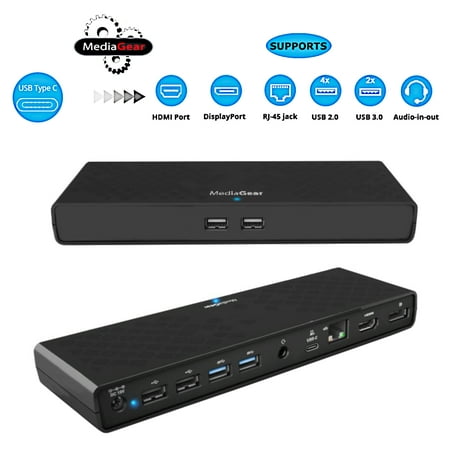 MediaGear USB C Docking Station w/Laptop Power Delivery: Dual HDMI+DisplayPort, USB 3.0/2.0, Gigabit Ethernet, Combo Audio Jack, Bundle: 65W AC Adapter, C-C Cable, C-A Dongle for Mac & Windows (Best Dock For Windows)