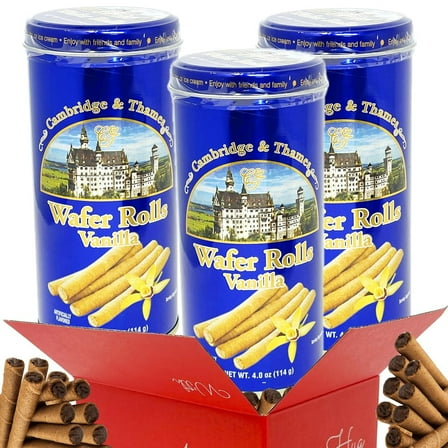 Rolled Wafer Sticks, Vanilla Cream Filled, Sweet Crispy Cookies, 3-Pack Gift Tins, Great with Coffee, Tea, Ice Cream, Holiday Gift or Everyday Snack