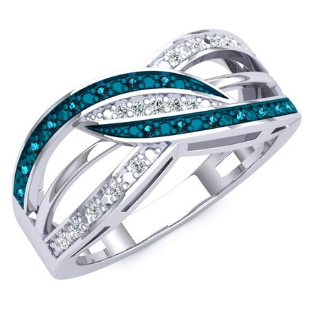- 0.20 Carat (ctw) Sterling Silver Blue & White Diamond Ladies Swirl Split Shank Right Hand Ring 1/5 CT
