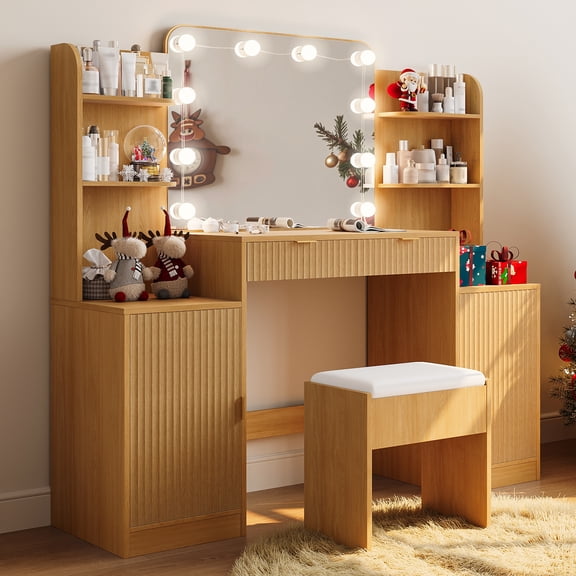 makeapile makeapile 1 Piece Adult Contemporary LED Lights Dressing Table and Stool and Charging Station and Mirror Table Set Off-White Solid Color