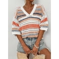 thumbnail image 4 of Women’s Crochet Sweater Top V Neck Cap Short Sleeve Spring Summer Knit Shirt Loose Hollow Out Striped Pullover Beach Vacation Cruise Casual Fashion Clothes, 4 of 7