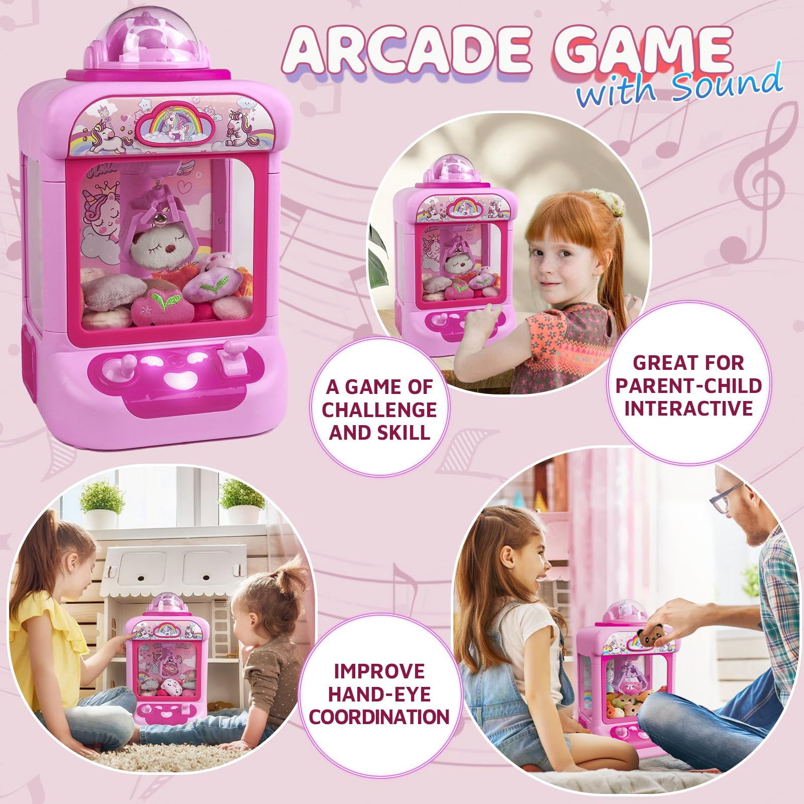 ToyM Claw Machine for Kids, Mini Vending Machine Girls Unicorn Toys, Candy Grabber Prize Dispenser with Sound & 20 Mini Plush Toys, Electronic Arcade Game Indoor Toy for Home Party Birthday Gifts