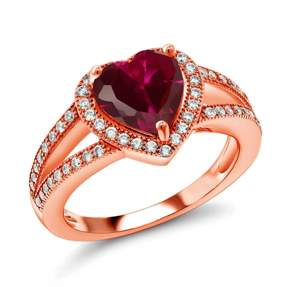 Gem Stone King 18K Rose Gold Plated Silver Red Created Ruby and White Moissanite Ring for Women (2.41 Cttw, Gemstone July Birthstone, Heart Shape 8MM, Available in Size 5,6,7,8,9)