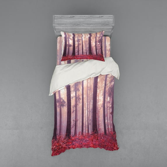 Ambesonne Forest Bedding Set 3 Pcs, Trees Foggy Sunlight, Twin XL, Lilac Dark Coral