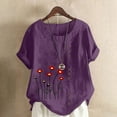 thumbnail image 2 of Olyvenn Women's Plus Size Linen Tops Short Sleeve Button Down Shirts Casual Summer Blouses Round Neck Tunic Tops Resort Wear Purple XXL, 2 of 4