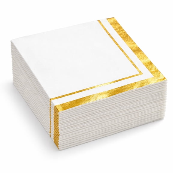 Gift Boutique Gold Trim Cocktail Napkins, 3-Ply Disposable Paper Beverage Napkins, 120 Count, 10x10 Inch Unfolded, White with Foil Stripe