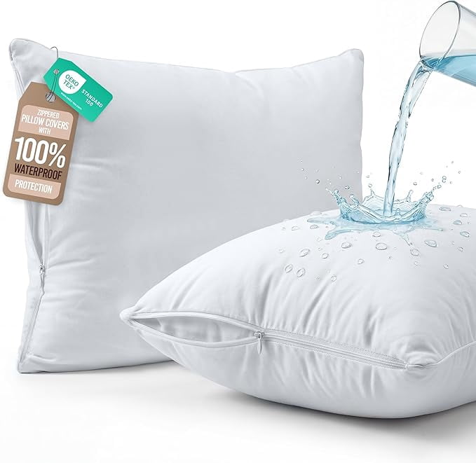 Beddora Queen Size Pack of 2 Waterproof Zippered Pillow Protectors 20" x 30" – Bed Bug & Dust Mite Proof Encasements, Soft Noiseless Pillow Covers