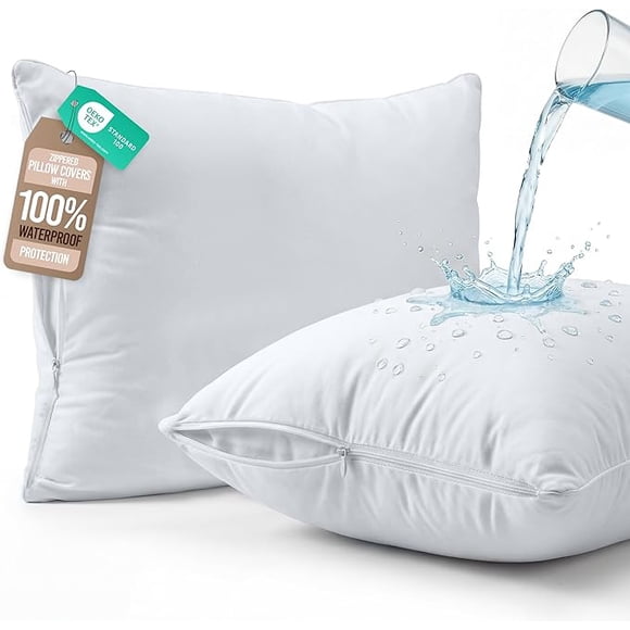 Beddora Standard Size Pack of 2 Waterproof Zippered Pillow Protectors 20" x 26" – Bed Bug & Dust Mite Proof Encasements, Soft Noiseless Pillow Covers