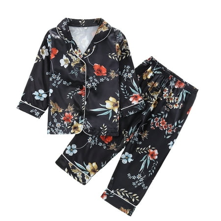 

SILVERCELL 1-6T Toddler Girls Pajamas Sets Satin Silk Button Down Shirts Top Pants 2-Piece Pjs Sleepwear Loungewear