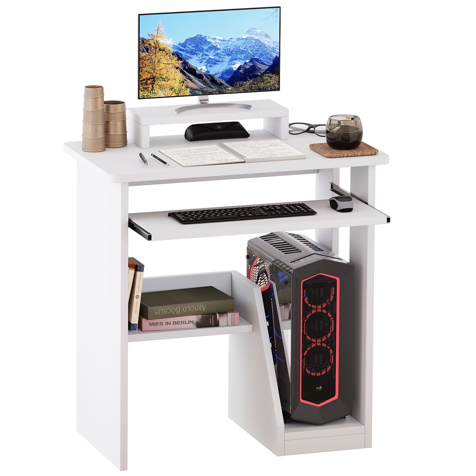 NEWSENDY 29in Computer Desk with Monitor Stand and Keyboard Tray for Small Space, Wood PC Laptop for Bedroom, Writing Table with Shelves for Living room, White