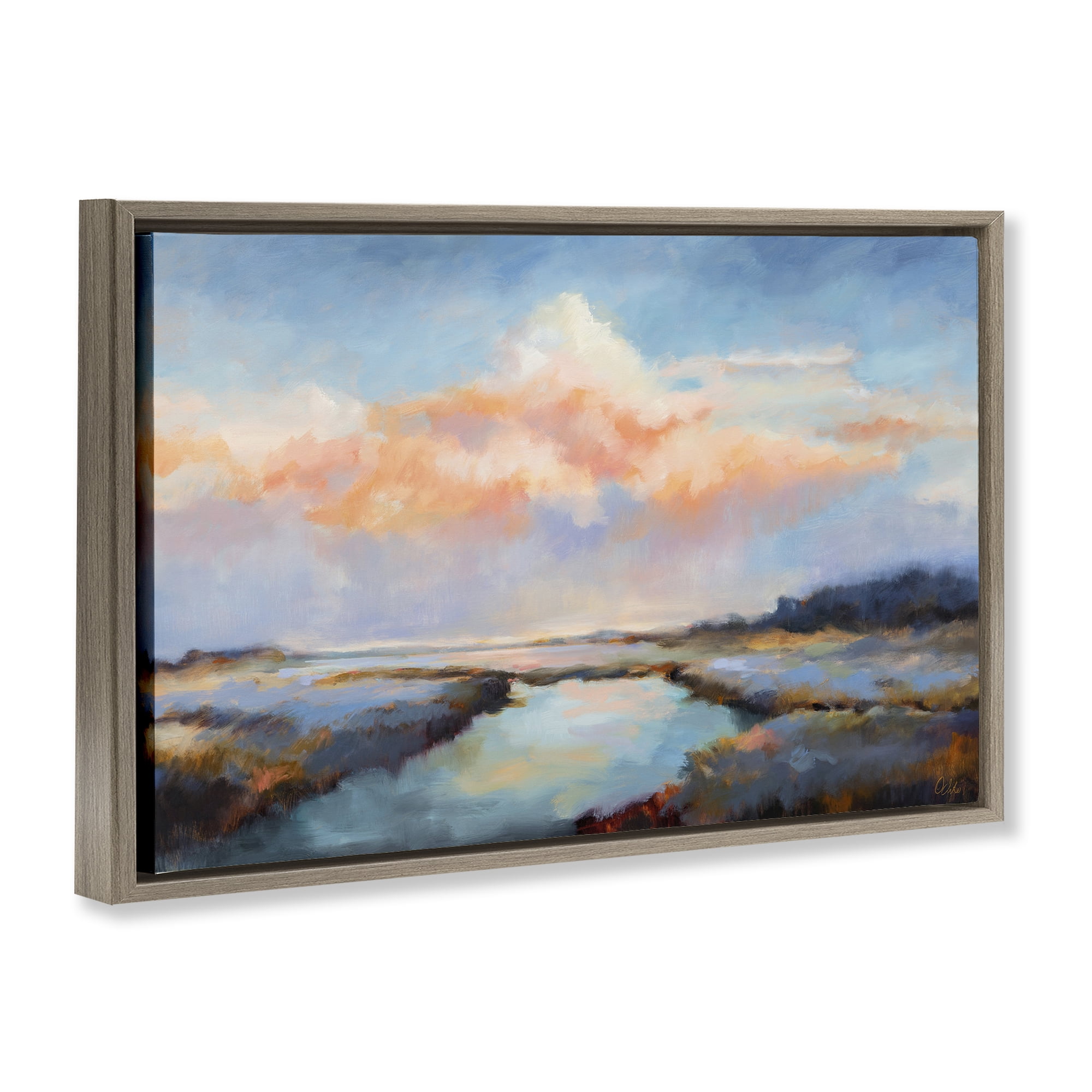 Stupell Industries River with Pastel Clouds Landscape & Nature Painting Brown Floater Framed Canvas Art Print Wall Art, 31 x 21