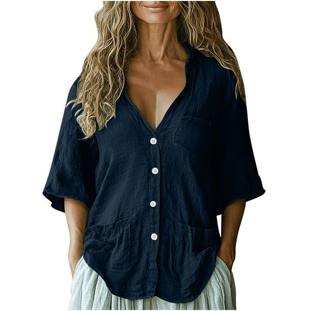 Vestidos Casuales Para Mujer, Blusas De Mujer De Moda Blusa tipo túnica de verano para mujer, con cuello en V, mangas 3/4, botones sueltos, de imitación de lino y bolsillos