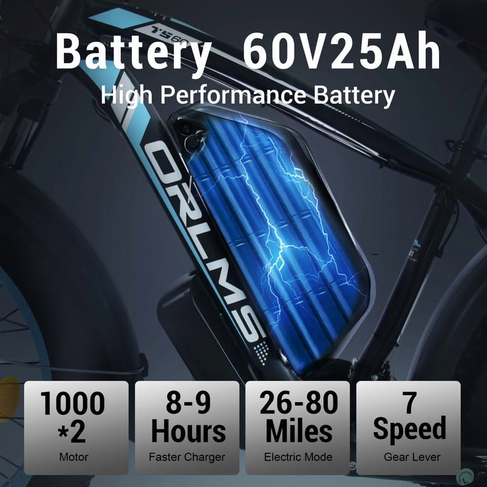 Max 38Mph 60V 25Ah Removable Battery Ebike,3000W(Peak)Dual Motor Electric Bike for Adults,7-Speeds 26" Fat Tire Mountain Snow E Dirt Bike MTB UL2849
