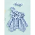 thumbnail image 2 of Qmyliery Girls' Casual Dress Dots Printed Slanted Shoulders Ruffles Irregular Hem with Belt + Hairband,1-5 Years, 2 of 9