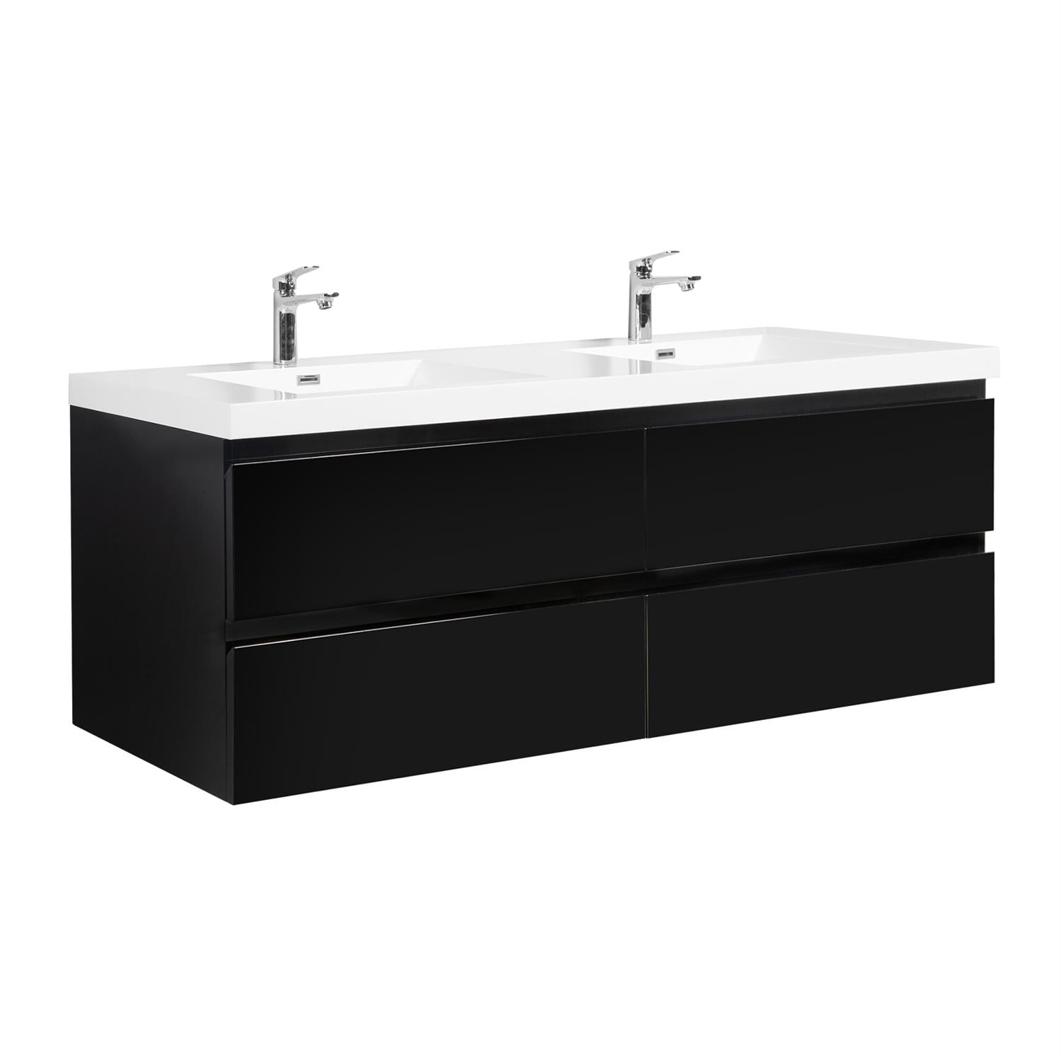 Demi Bonn 72" Floating Bathroom Vanity with Sink, Double Resin Top Basin and 4 Soft Close Drawers, Faucets and Drains Not Included, Black