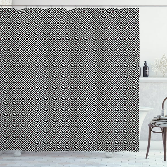 Edgy Shower Curtain, Minimalist Maze Inspired Design with Zigzags Modern Style Artwork, Fabric Bathroom Set with Hooks, 69W X 70L Inches, Charcoal Grey White and Pink, by Ambesonne