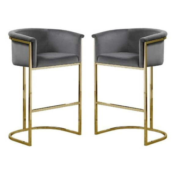 Home Square Velvet and Metal Barstool in Dark Gray & Gold - Set of 2