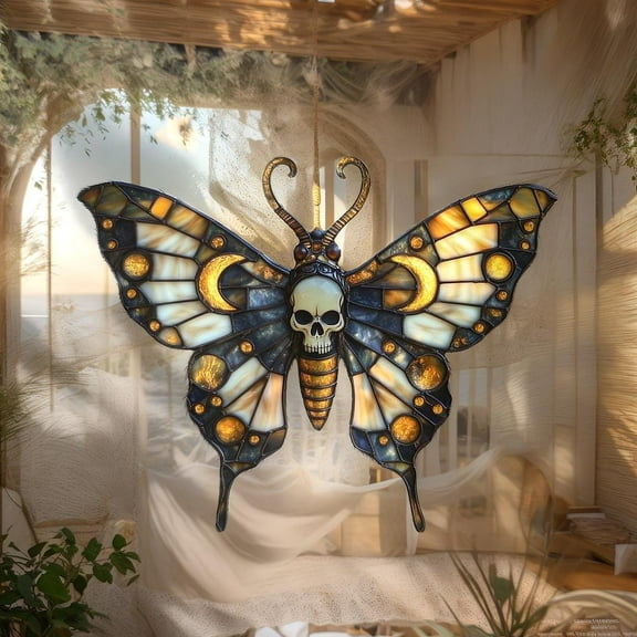 Gothic Moth Wavy Acrylic Suncatcher, Faux Wavy Acrylic Window Hanging, Crescent Moon Skull Decor, Witchy Halloween Gift For Her