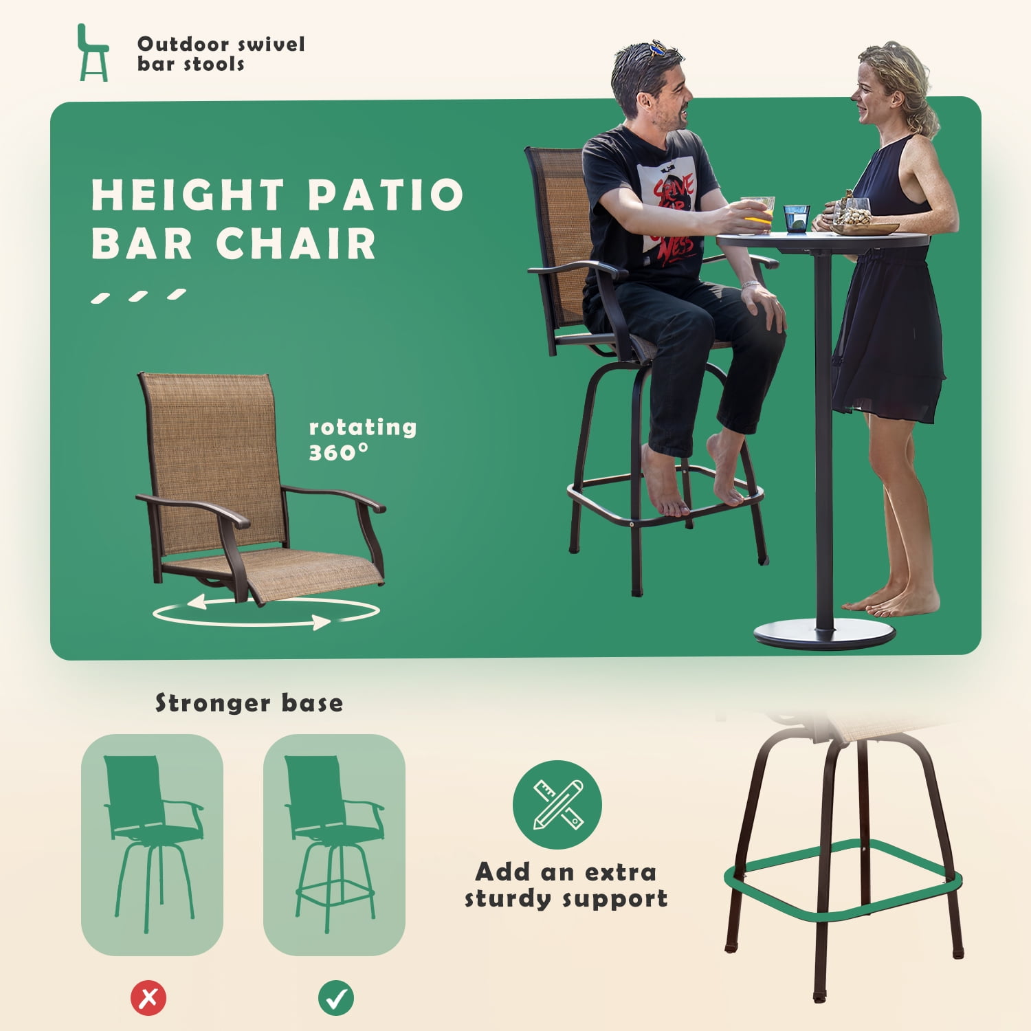 Vineego 3PCS Textilene Swivel Bar Sets, High Bistro Sets,2 Bar Stools and Bar Table