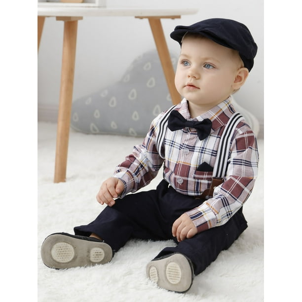 Baby Boy Clothes Suits 0 18 Months Gentleman Outfit Plaid Romper Beret Hat Suspender Pants Tie Wedding Set