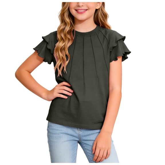 Karoyedx Girl Tops Girls Plain Shirts Short Sleeve Basic Tees Casual Summer Tops Black Size,11-12 Years