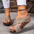 thumbnail image 2 of Rokment Leopard Platform Wedge Sandals for Women Fashion Casual Studded Cross-Band Leather Open Toe Backless Slip on Chunky High Heels Dress Slides Beach Summer Comfortable Khaki Size 9, 2 of 7