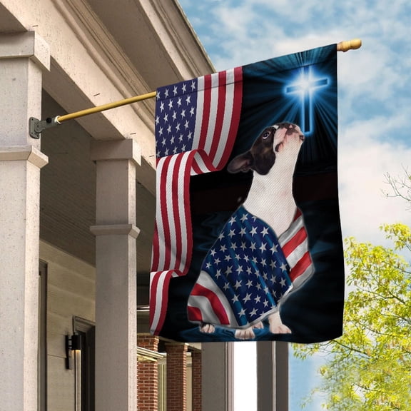 Boston Terrier Dog Wearing Flag American Faith Cross 4th of july, Dog Decor American Flag House Flag, Double-Sided Decorative Outdoor Flag, Polyester Yard Flag 29.5 x 39.5 in