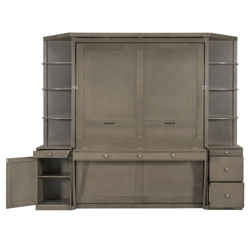 Queen Murphy Bed with Desk, Hidden Workstation, Storage Shelves & Cabinets, Wall Bed with Lights, Light-Distressed Gray