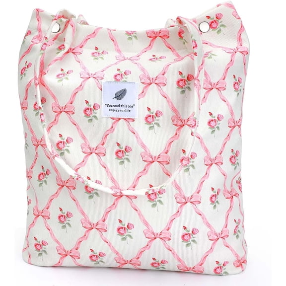 Ayieyill Corduroy Tote Bag for Women Girl Canvas Shoulder Cord Purse with Inner Pocket (Rose Bowknot)