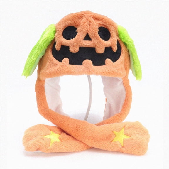 WXFAZCVU Halloween Pumpkin Moving Ear Plush Hat Soft Fuzzy Headwear for Holiday Party Fun Dress Up One Size