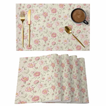 Pink Flowers Placemats Set of 4 Farmhouse Botanical Floral Leaves Plants Placemats for Dining Table Place Mats for Kitchen Tabletop Waterproof Wipeable Dining Table Mats Set