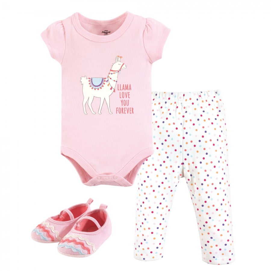 Little Treasure Baby Girl Cotton Bodysuit, Pant and Shoe 3pc Set, Llama ...