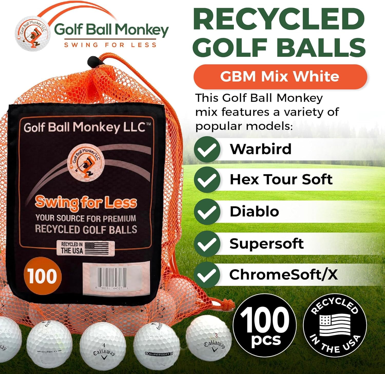 Golf Ball Monkey Cheap Recycled Golf Balls for Callaway Mix White 5A Mint 100 Golf Balls for Callaway Supersoft, Superhot, Warbirds, Diablo. Hex Tour Soft & More  w/ Tees and Mesh Bag