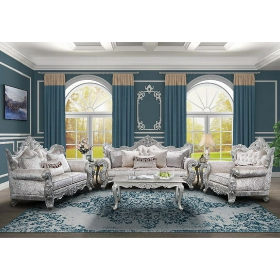 Melrose 3Pc Living room set in champagne with silver brush finish|Traditional & luxurious